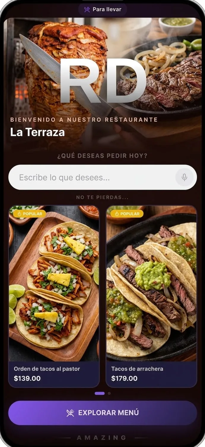 Menú digital de La Terraza en un teléfono, con la portada del restaurante, el buscador del asistente y los platillos populares.