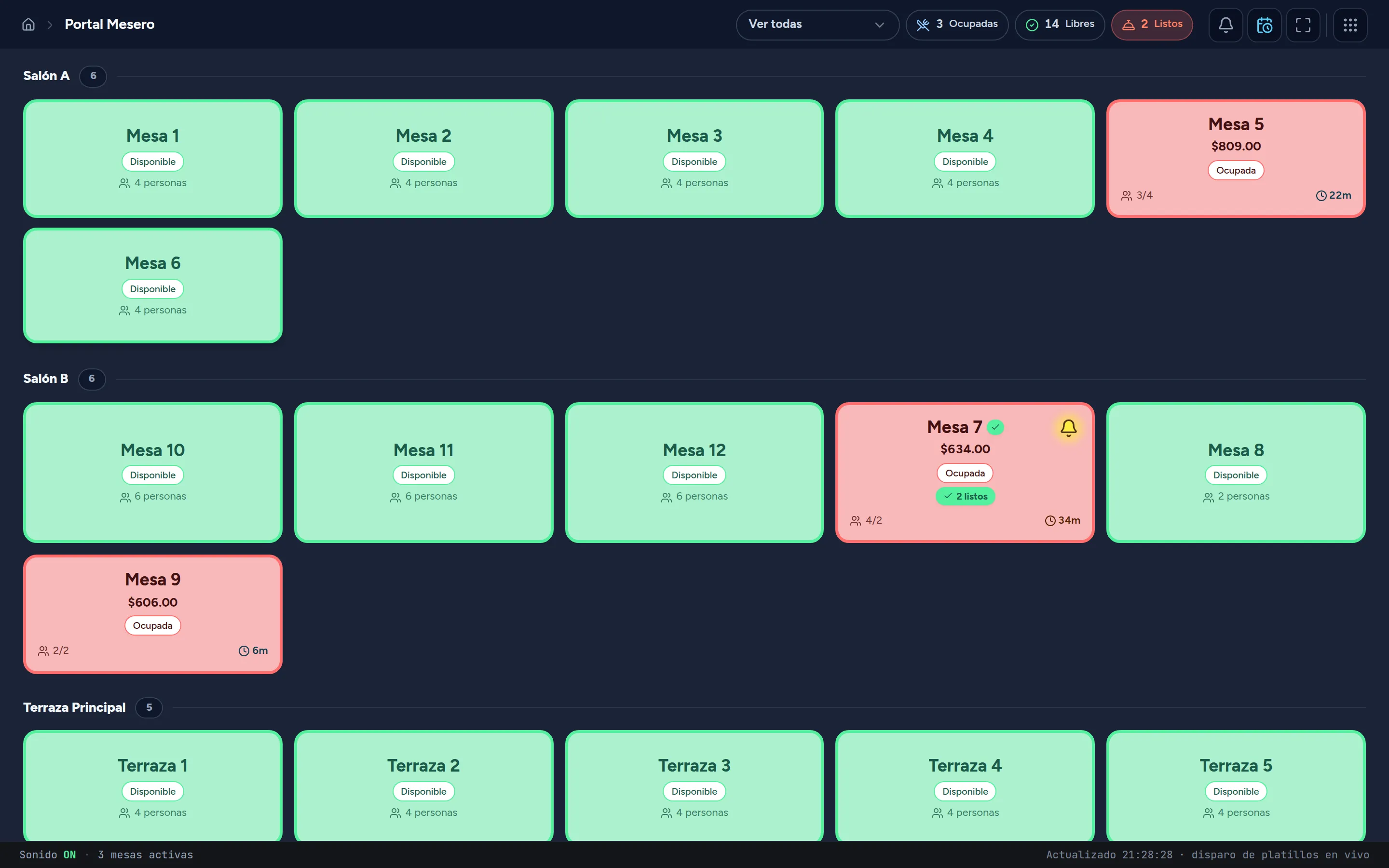 Amazing's waiter portal showing the dining room by zone: free tables in green, occupied in red, each with its running total, guest count and elapsed time.